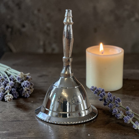 Mini Silver Nickel Altar Bell Triquetra Design- Pagan Wiccan Witch Small
