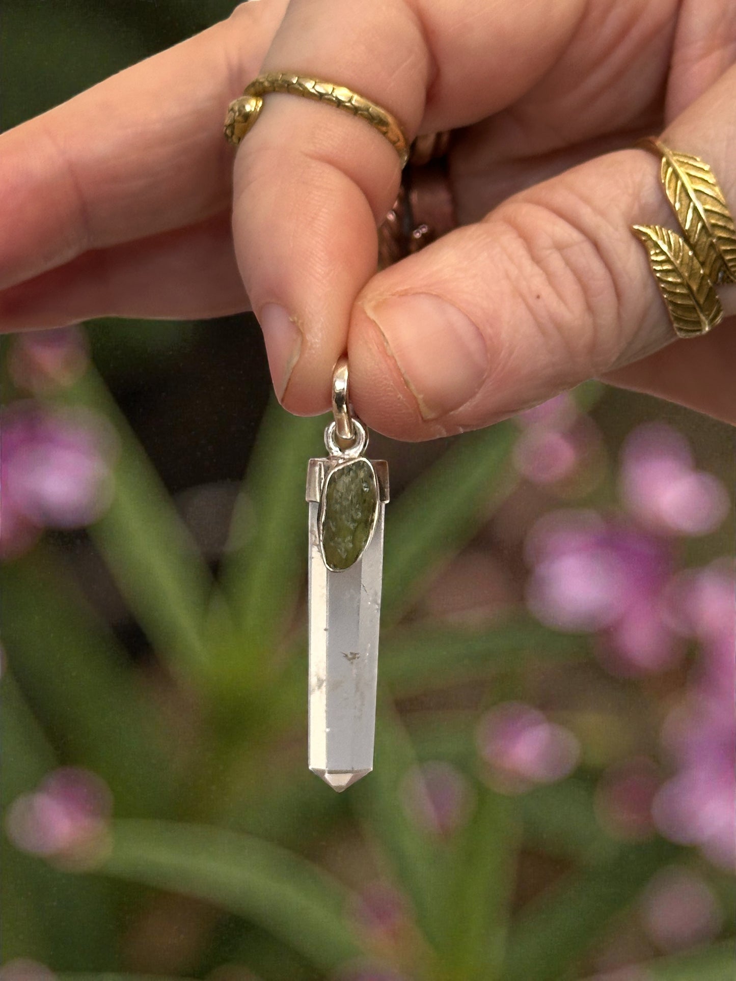 Sterling Silver 925 Clear Quartz Point with Organically Shaped Genuine Moldavite Pendant 4.5cm