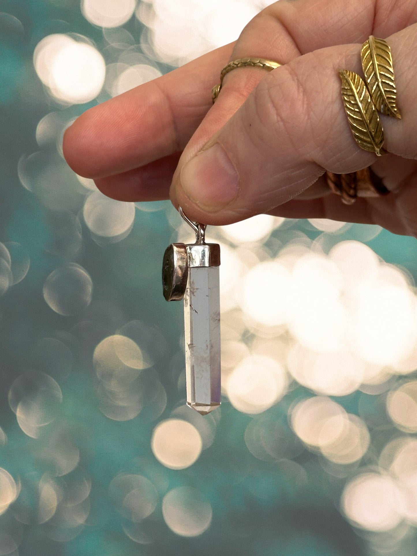 Sterling Silver 925 Clear Quartz Point with Organically Shaped Genuine Moldavite Pendant 4.5cm