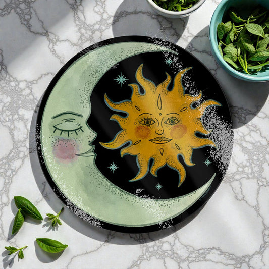 Ethereal Night & Day Glass Chopping Board Sun Moon Boho Round Kitchen Decor