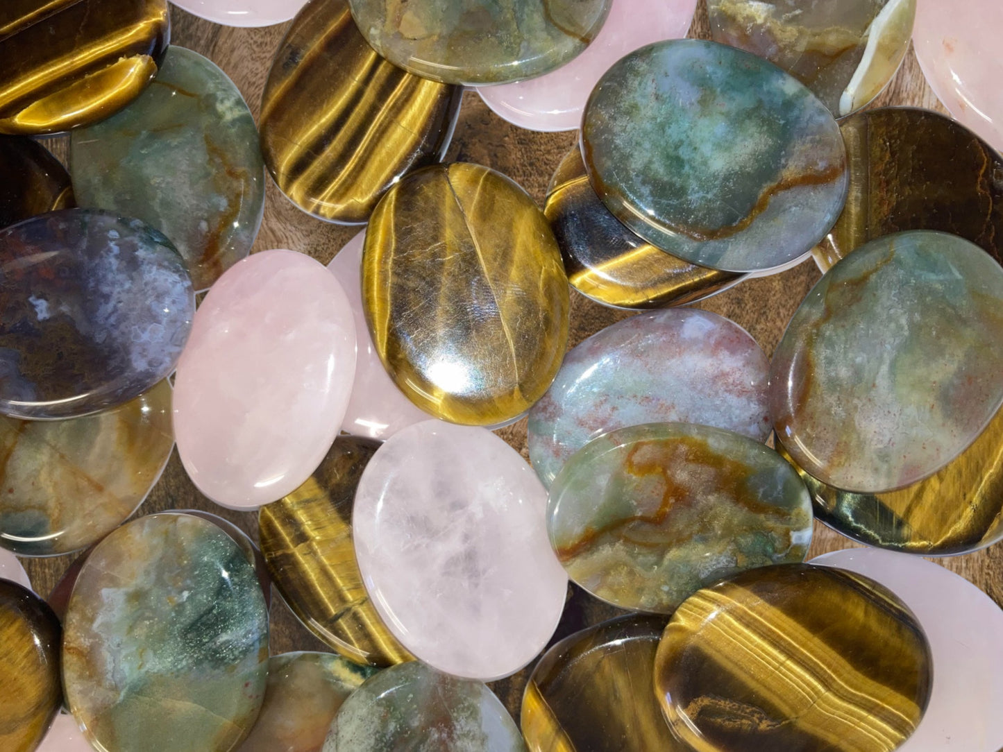 crystal thumbstones - rose quartz - Moss Agate - Tiger's eye - Worry stones/Palmstones