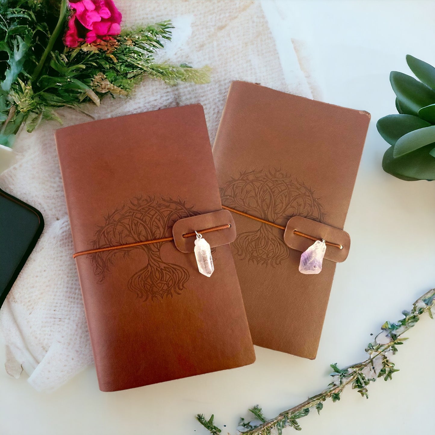 Quality Leather Embossed Celtic Tree of Life Journal with Crystal Notebook Organiser