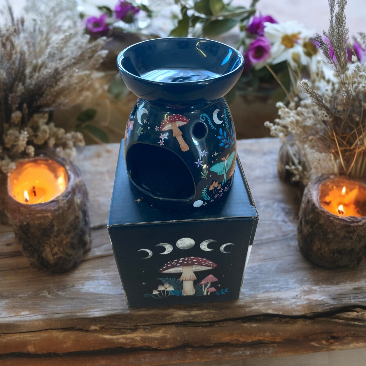 Dark Forest Mystical Oil Burner with mushrooms and wild flowers for essential oils and wax melts