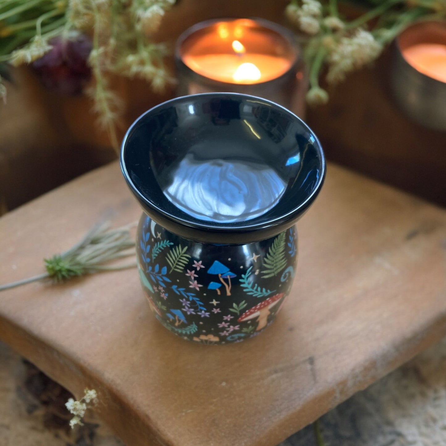 Dark Forest Mystical Oil Burner with mushrooms and wild flowers for essential oils and wax melts