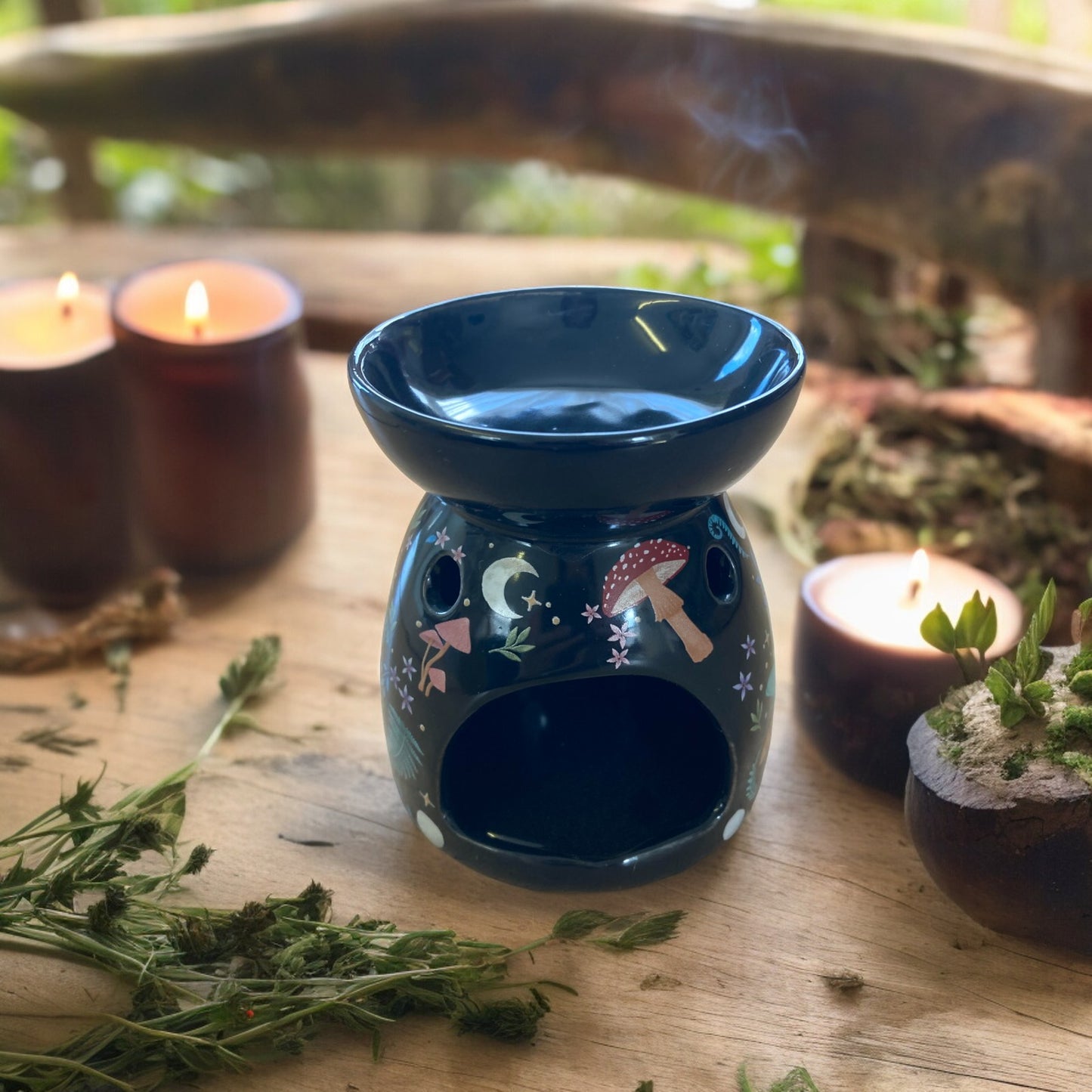 Dark Forest Mystical Oil Burner with mushrooms and wild flowers for essential oils and wax melts