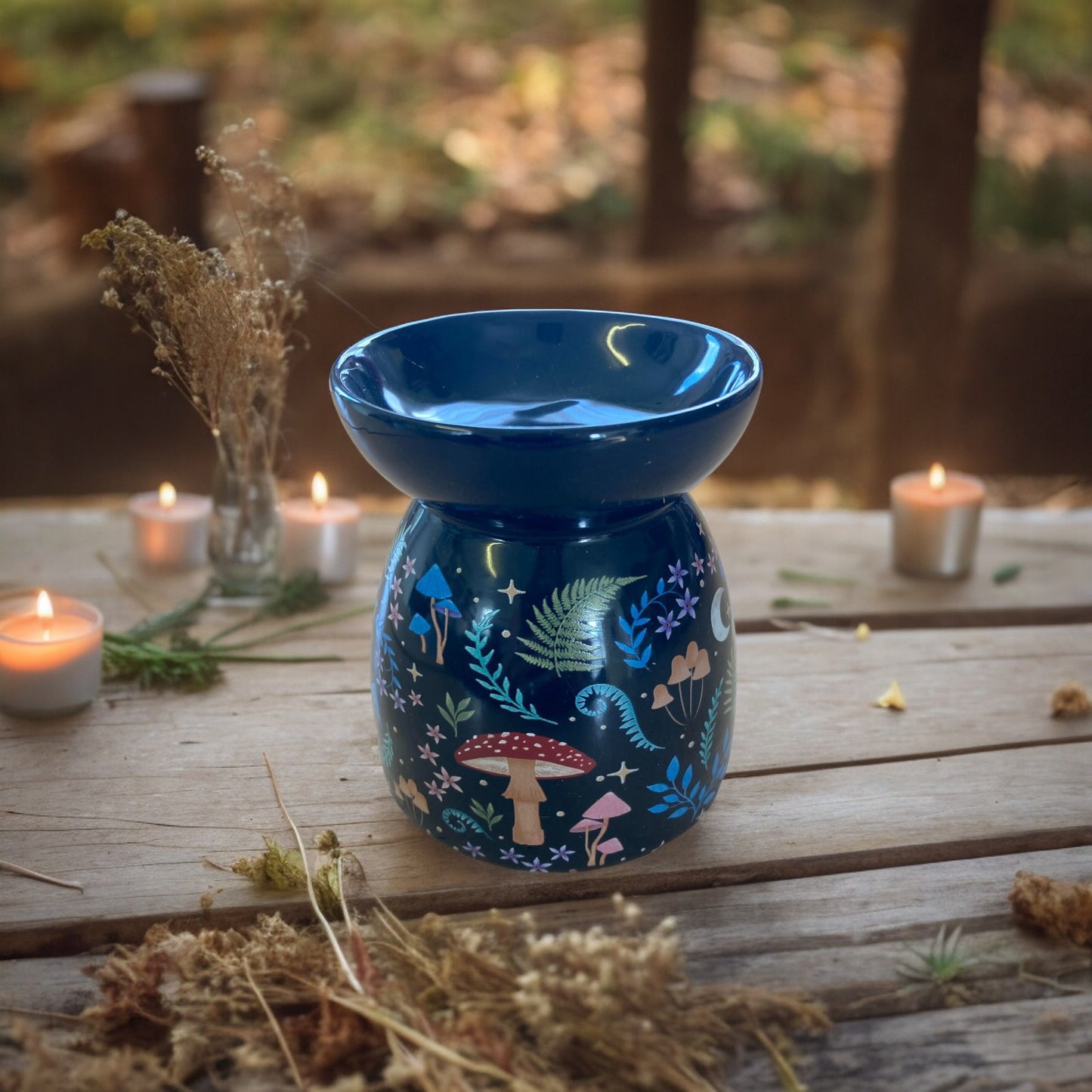 Dark Forest Mystical Oil Burner with mushrooms and wild flowers for essential oils and wax melts