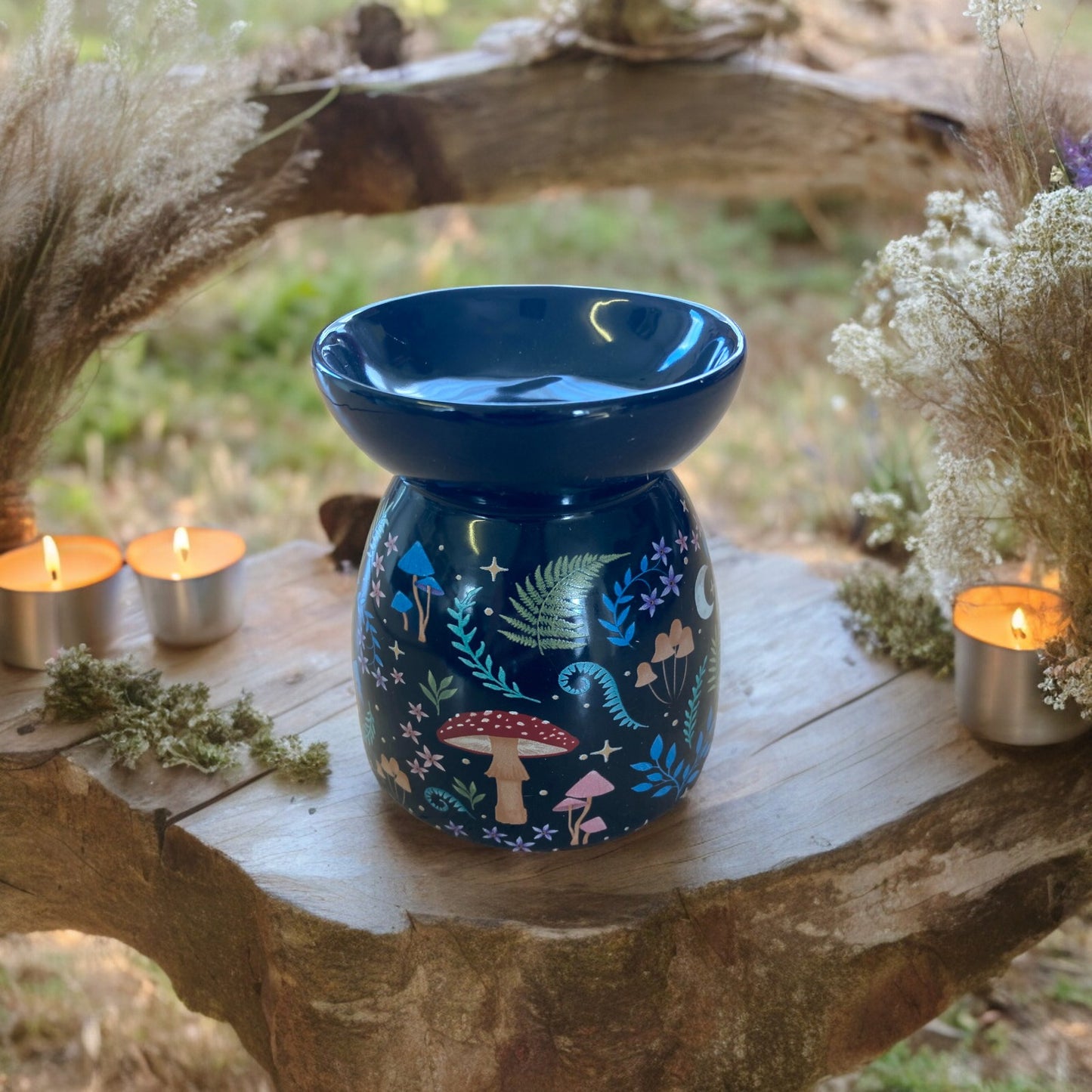 Dark Forest Mystical Oil Burner with mushrooms and wild flowers for essential oils and wax melts