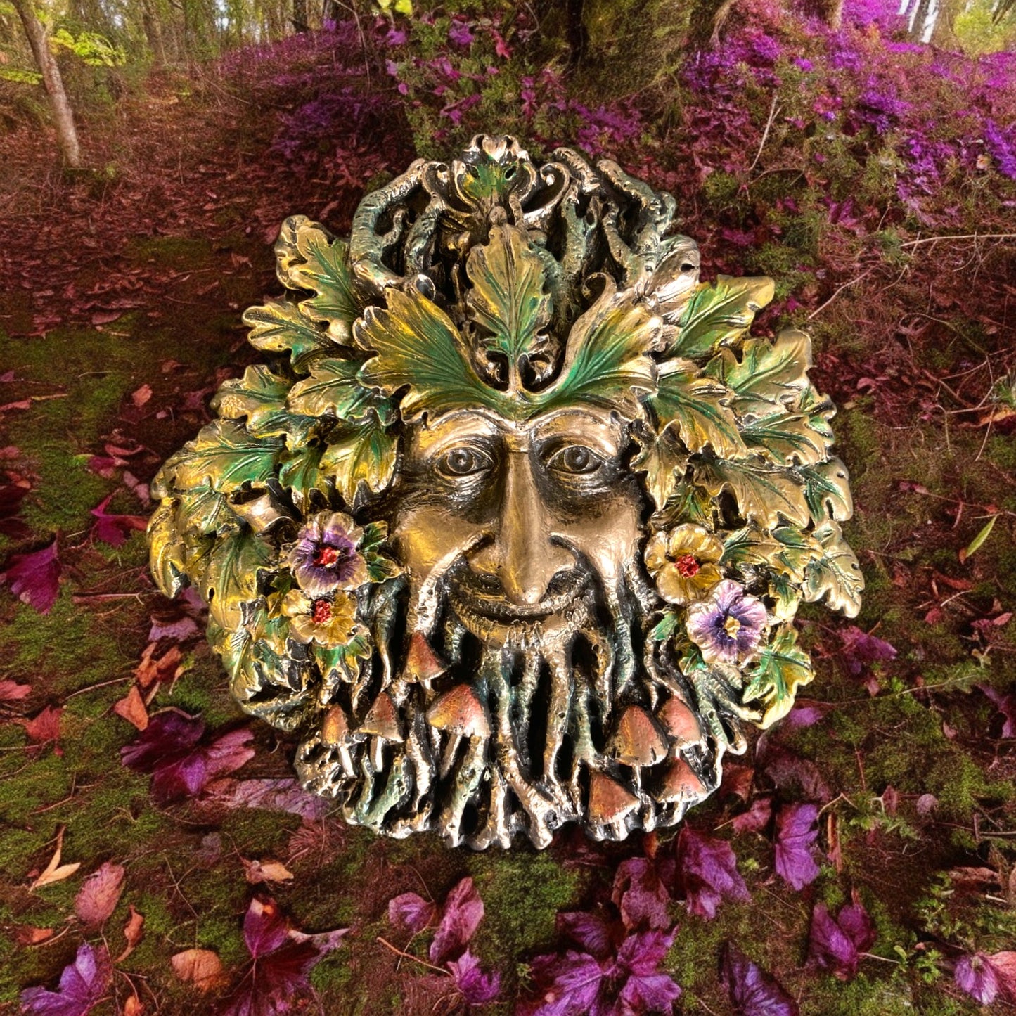 Rugosa greenman garden or home wall plaque - beautifully hand painted in greens and golds.