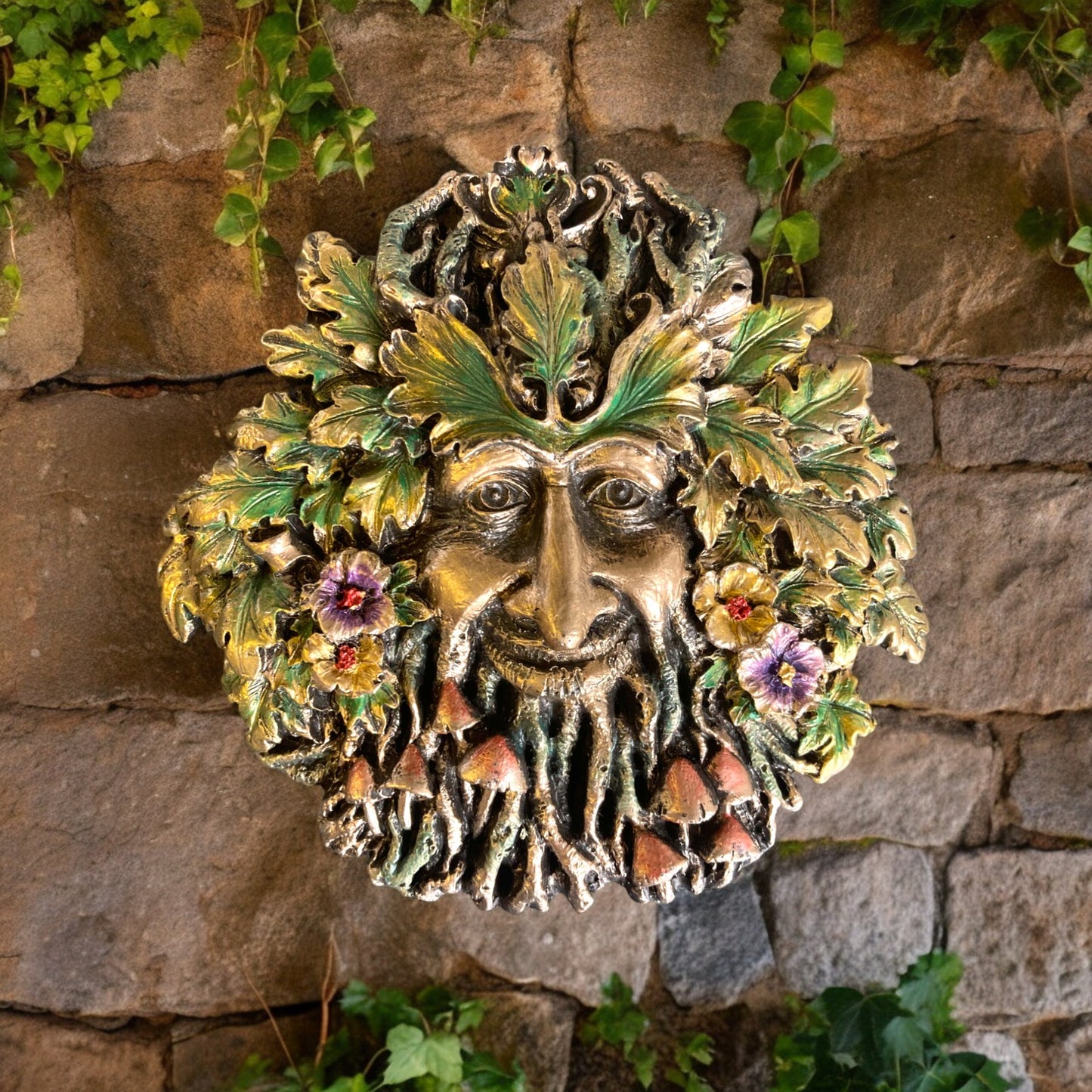 Rugosa greenman garden or home wall plaque - beautifully hand painted in greens and golds.