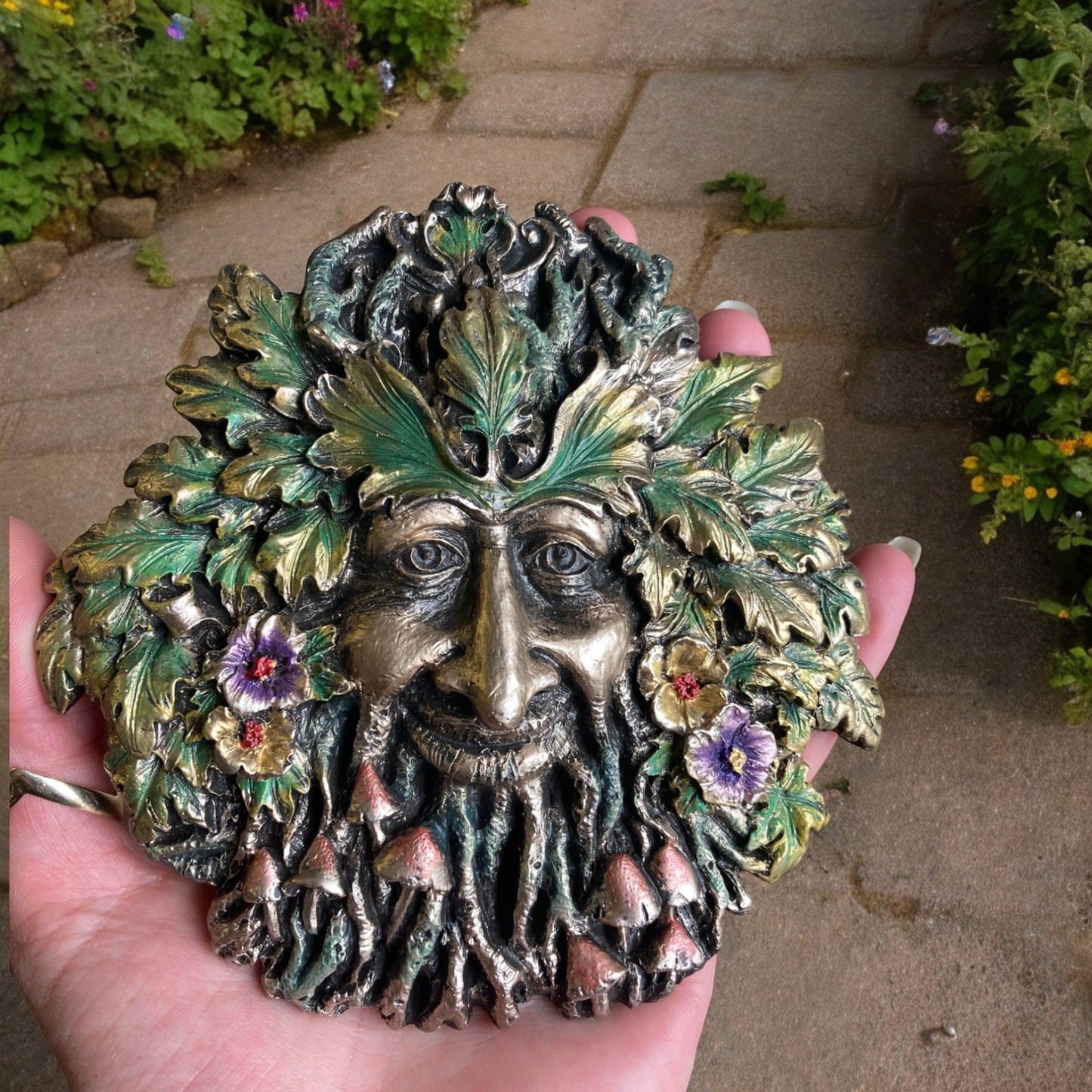 Rugosa greenman garden or home wall plaque - beautifully hand painted in greens and golds.